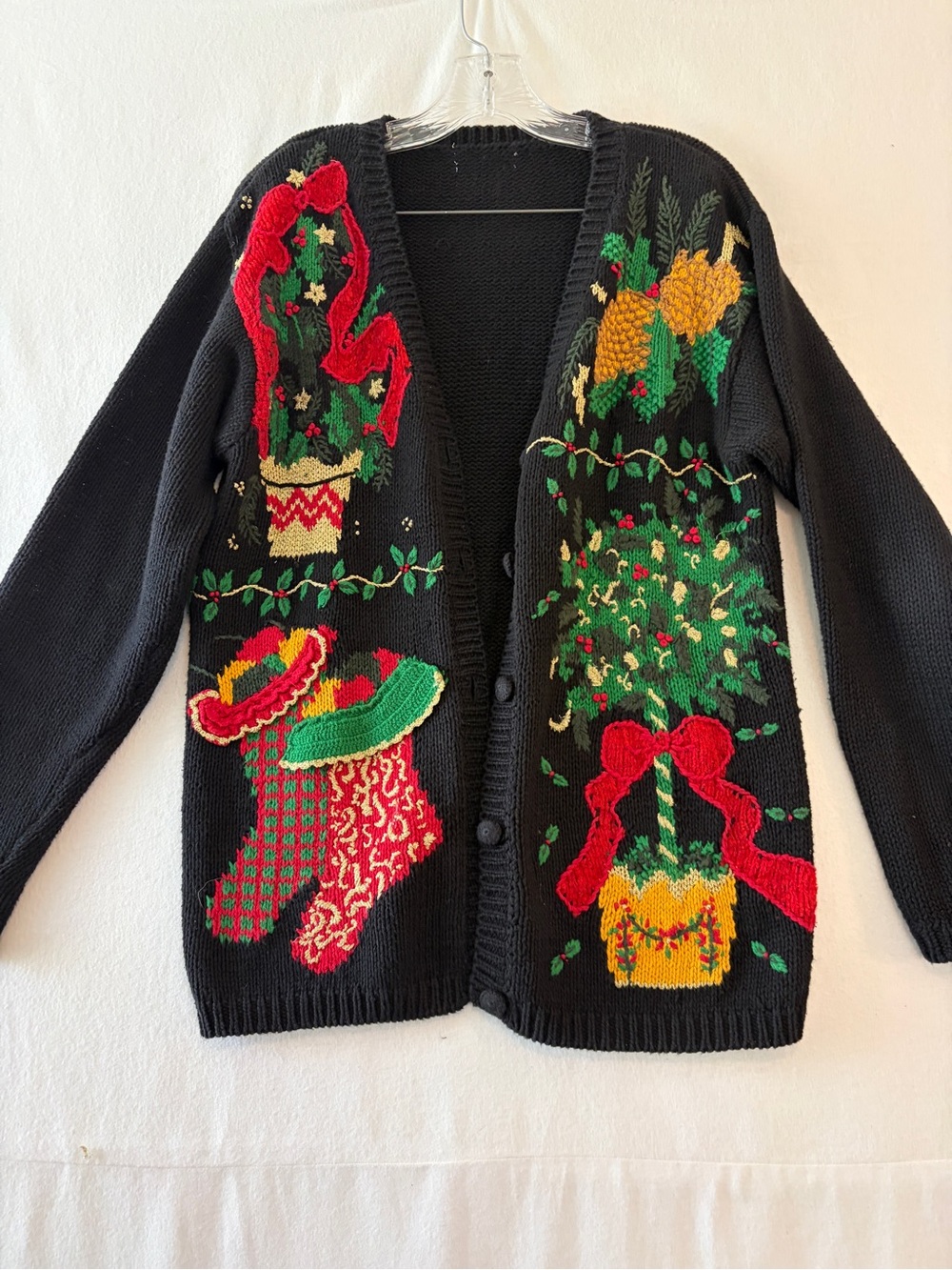 Vintage 1990s Black Holiday Knit Cardigan Sweater with Festive Embroidery